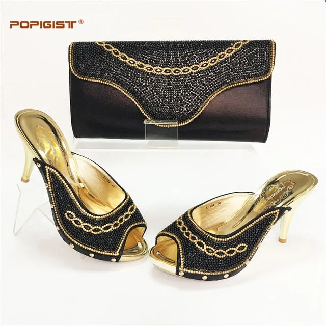 High Quality Italian Ladies Shoes and Bag Set Decorated with Rhinestone