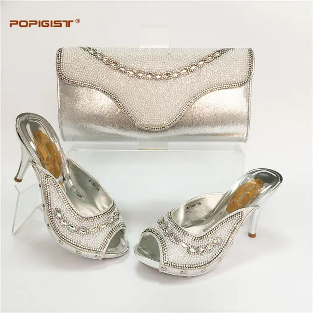 High Quality Italian Ladies Shoes and Bag Set Decorated with Rhinestone