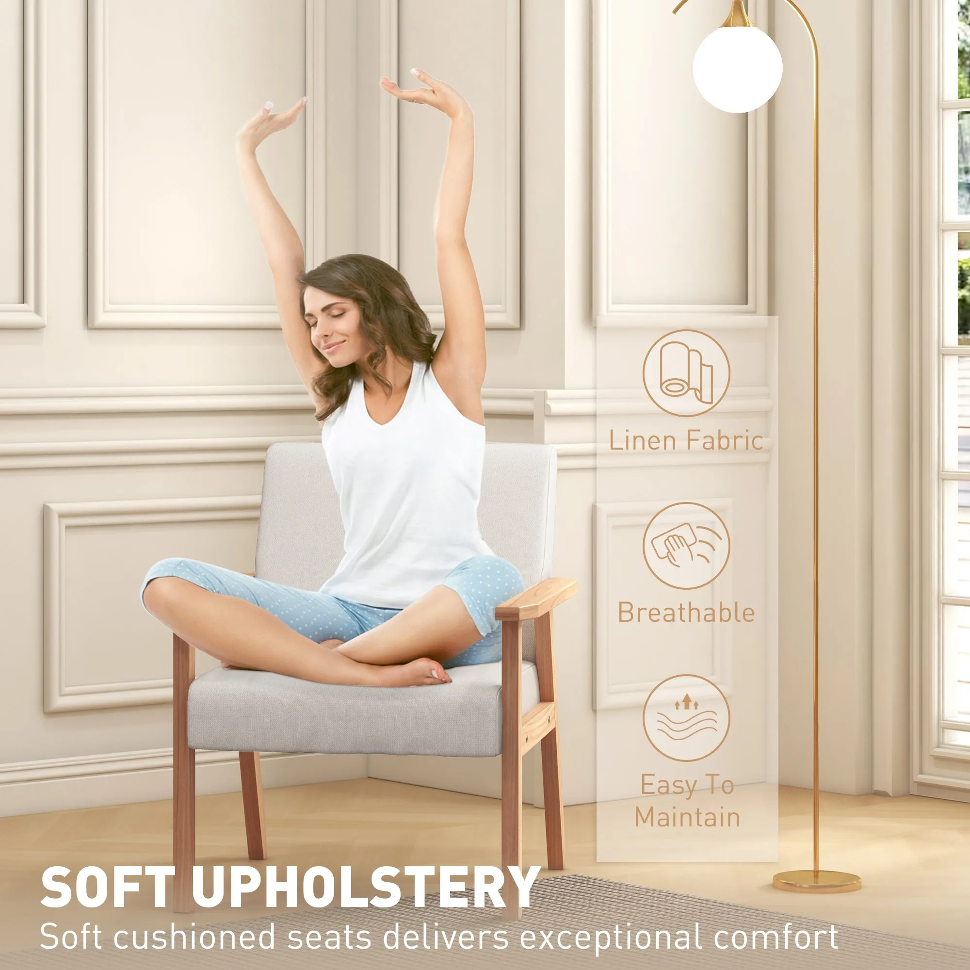 HOMCOM Accent Chair with Wood Frame Wide Seat Linen Armchair Cream White