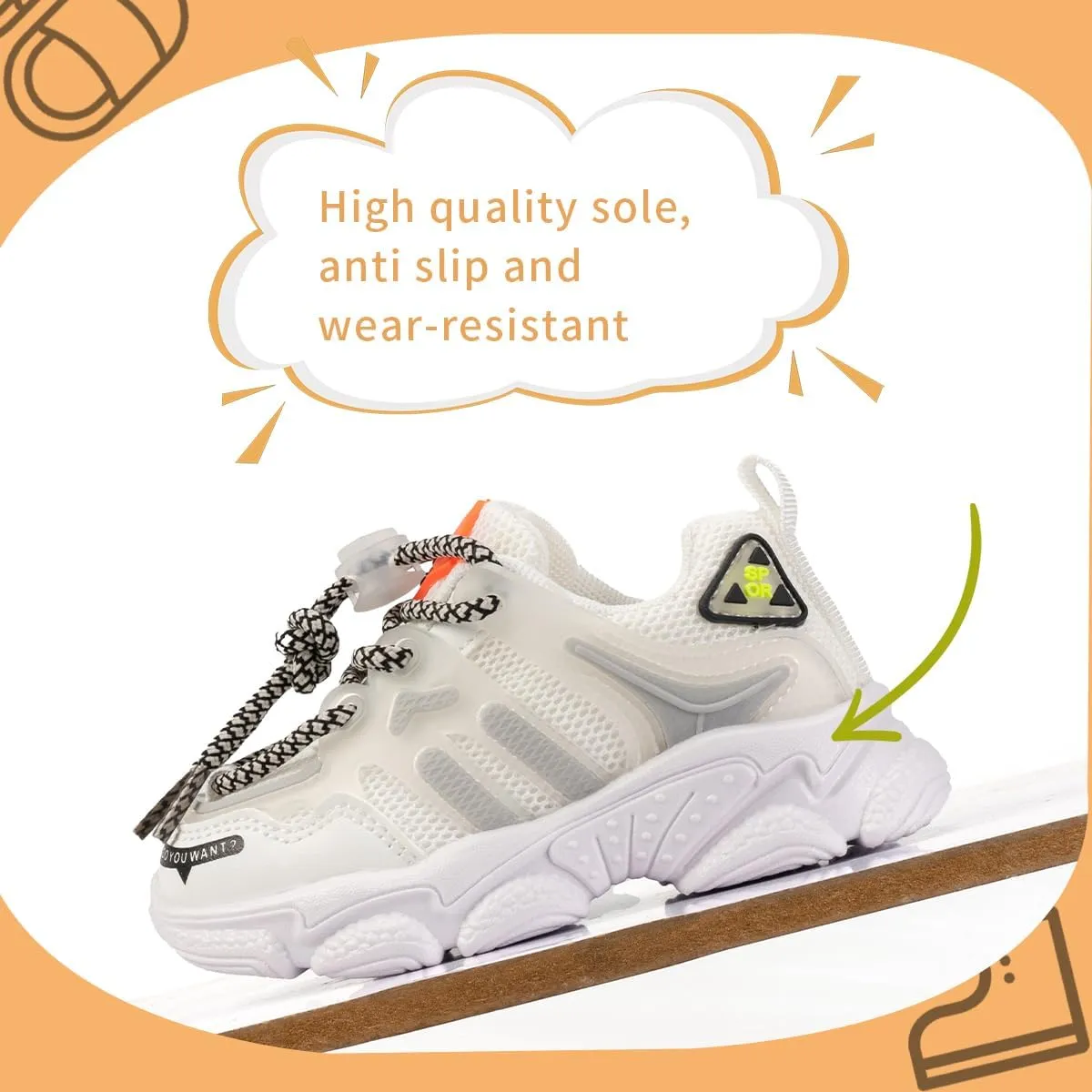 Kids Athletic Sneakers, Mesh Running Shoes with Chunky Sole, White