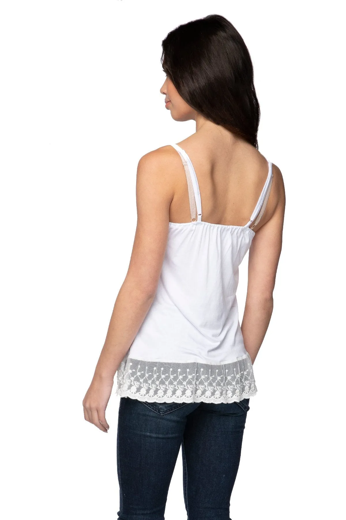 Knit Cami with Embroidery Lace Hem in White
