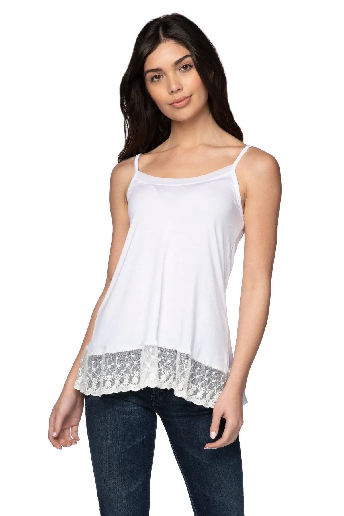 Knit Cami with Embroidery Lace Hem in White