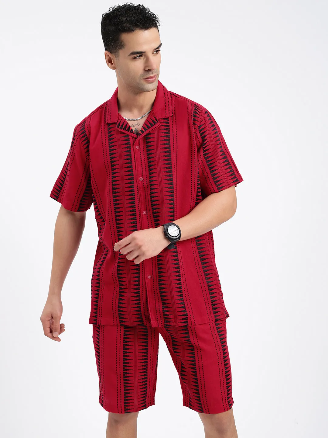 Men Geometric Red Co Ords Set