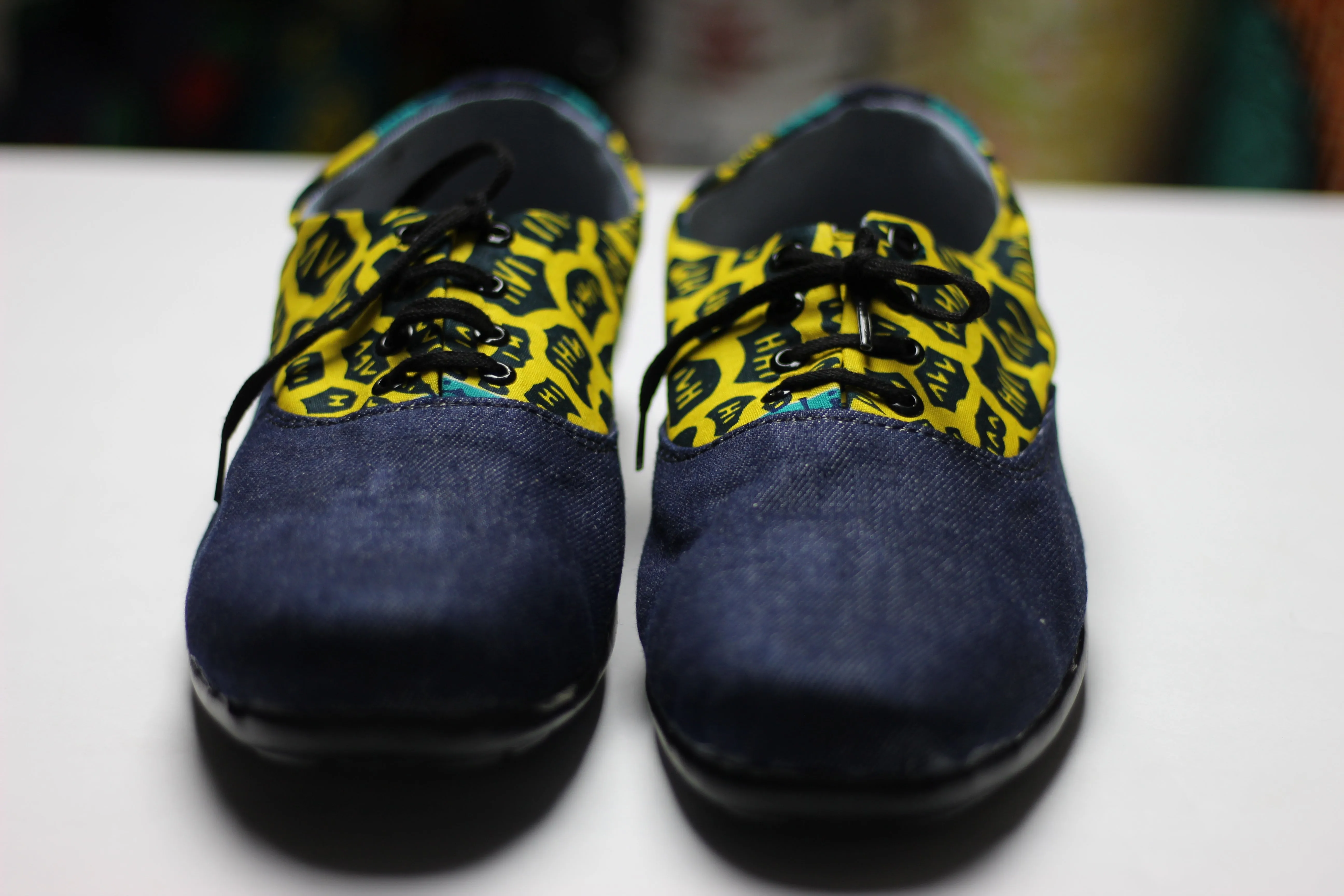 Men's African Print /Ankara Flat Shoes (with laces) Denim Detail - Yellow and Green Animal Print.