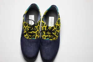 Men's African Print /Ankara Flat Shoes (with laces) Denim Detail - Yellow and Green Animal Print.