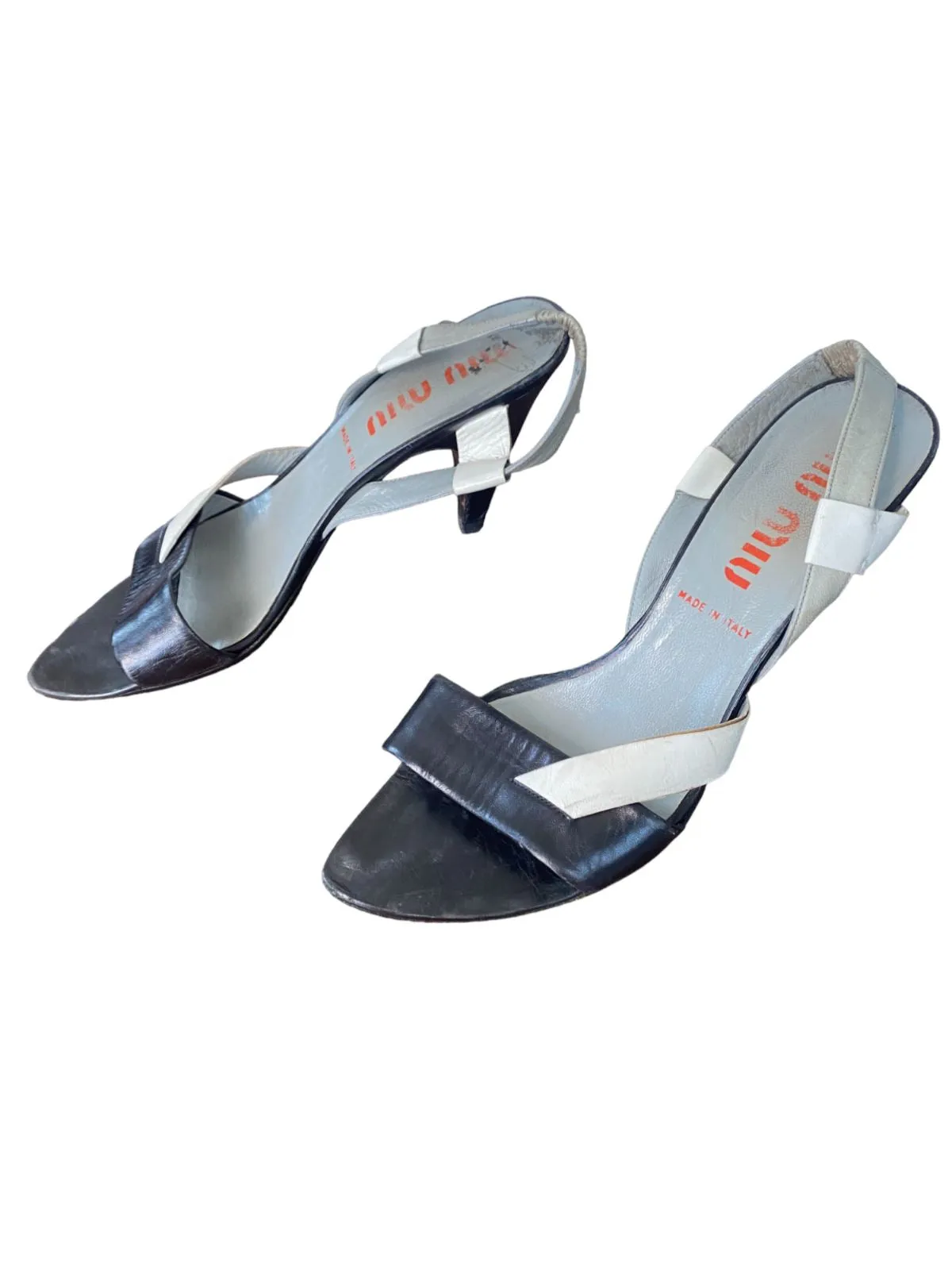 Miu Miu Leather Sandal Slingback Heels | Black, Grey, White, Sz 39.5