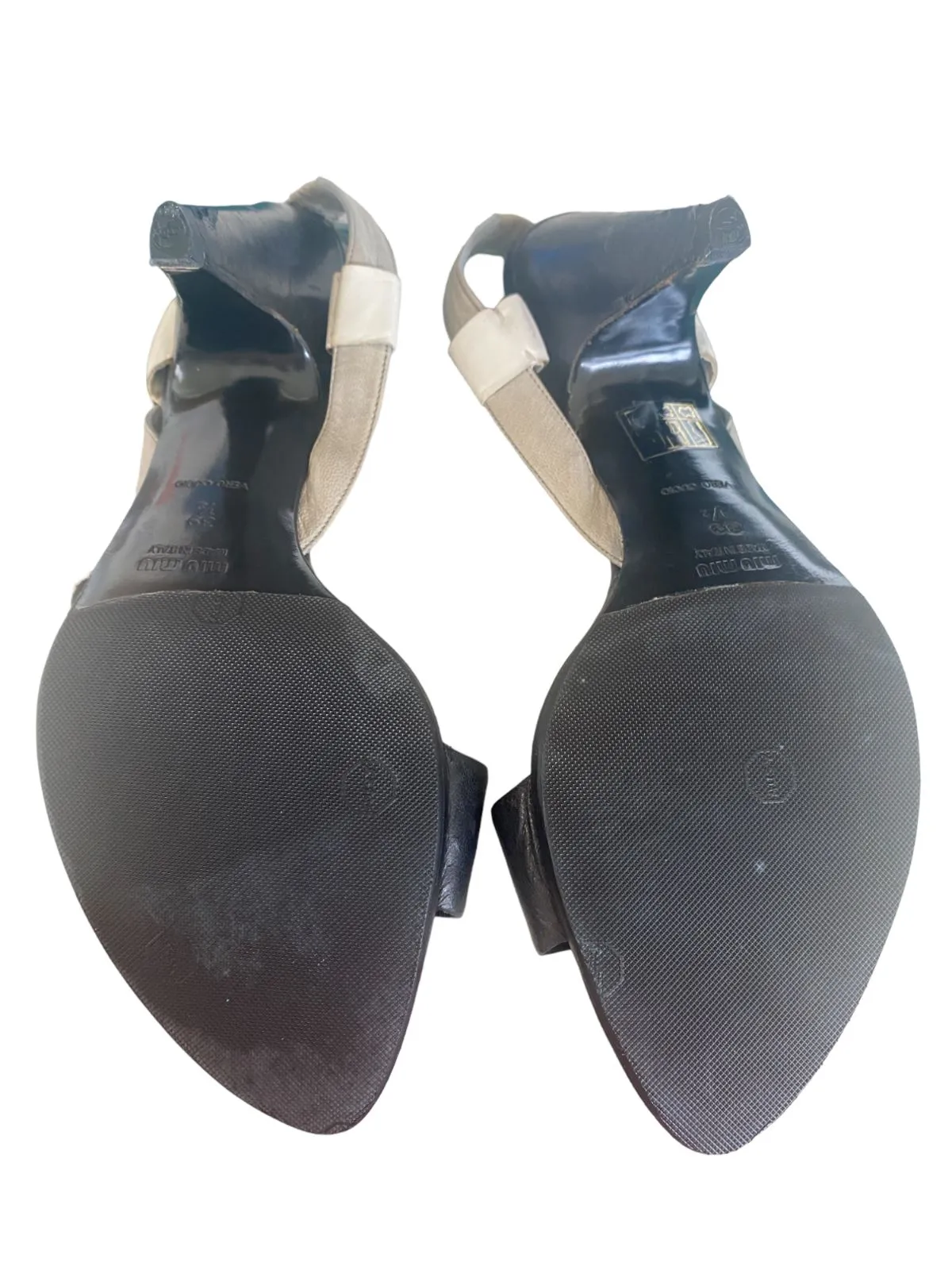 Miu Miu Leather Sandal Slingback Heels | Black, Grey, White, Sz 39.5