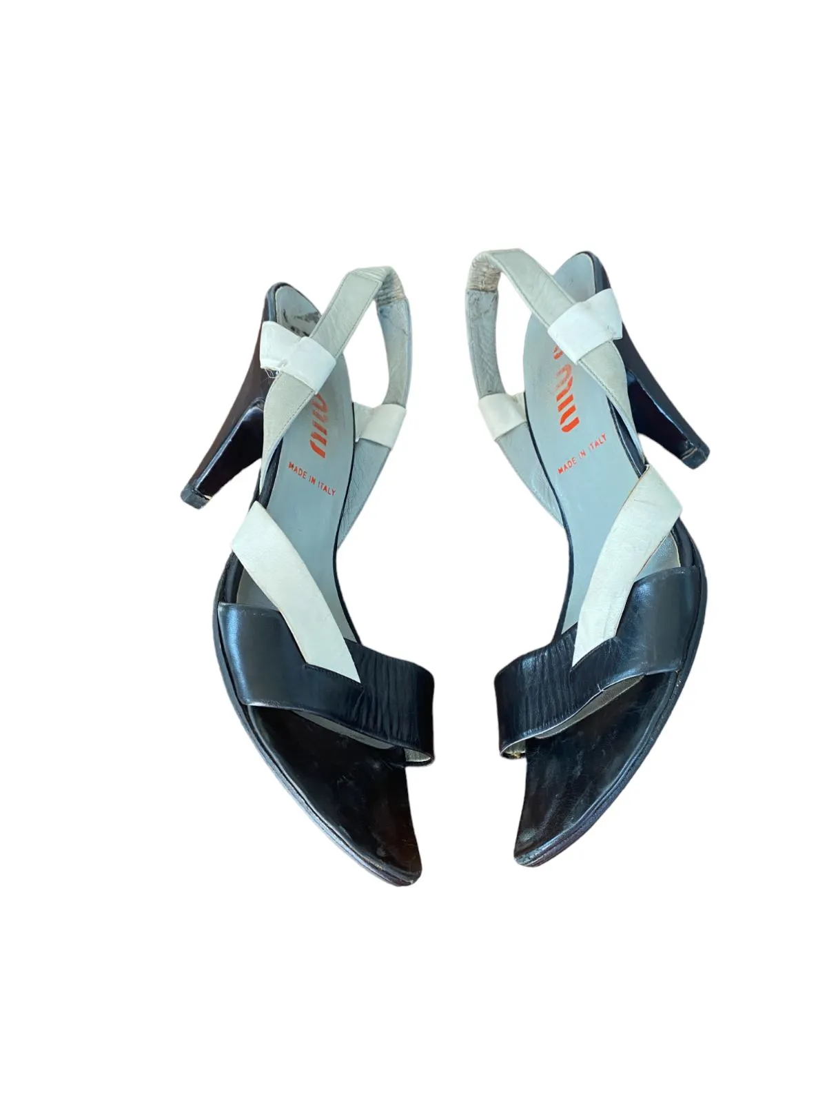 Miu Miu Leather Sandal Slingback Heels | Black, Grey, White, Sz 39.5
