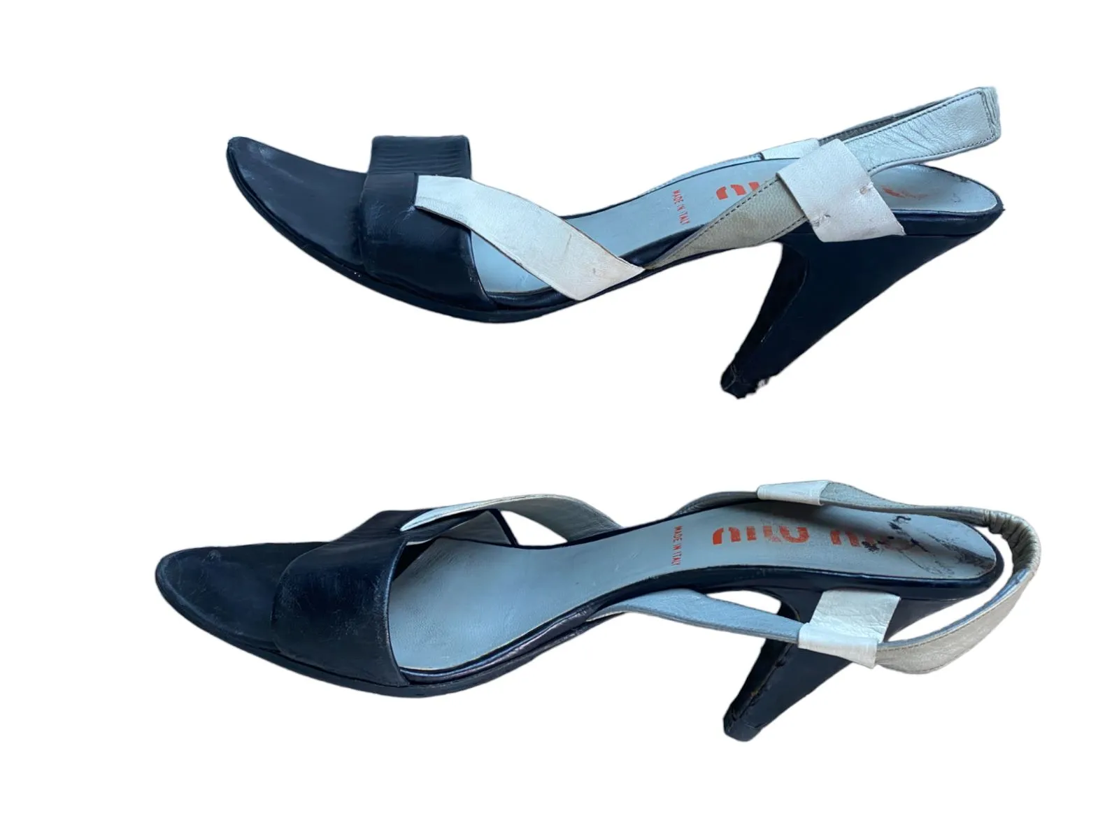 Miu Miu Leather Sandal Slingback Heels | Black, Grey, White, Sz 39.5