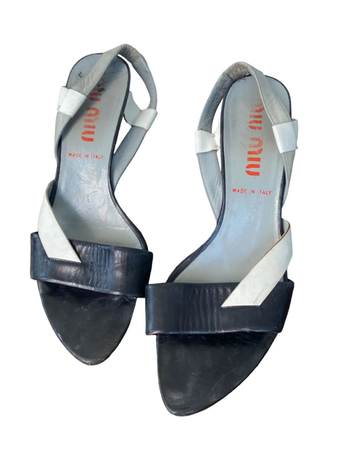 Miu Miu Leather Sandal Slingback Heels | Black, Grey, White, Sz 39.5