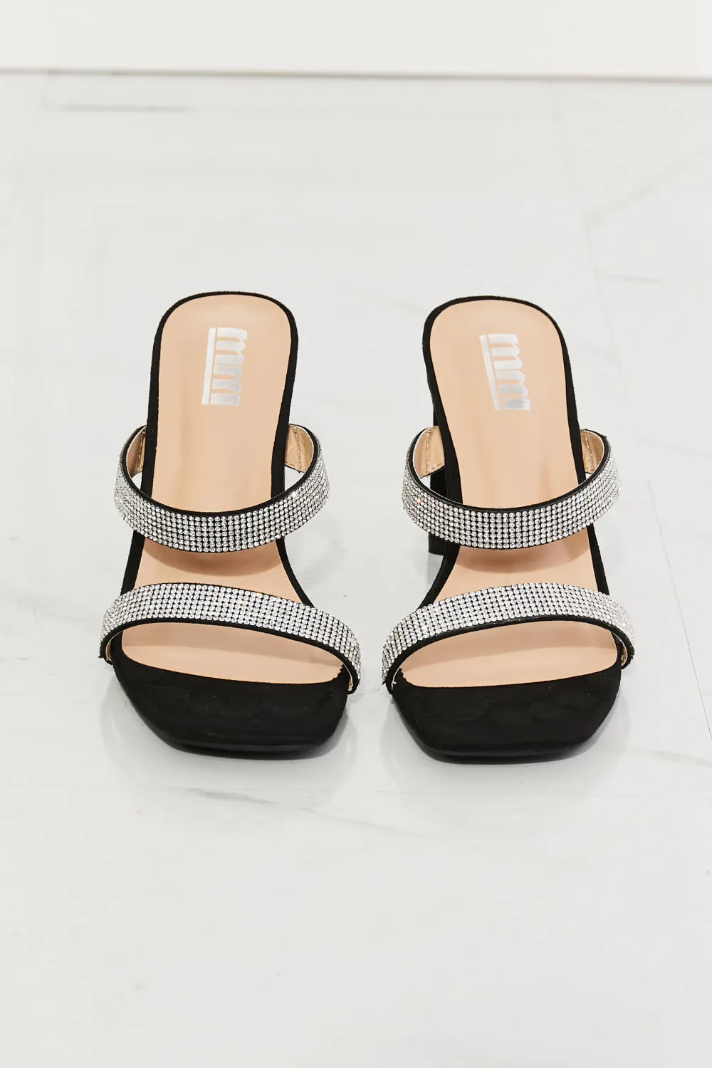 MMShoes Rhinestone Block High Heel Slide On Double Band Sandal in Black Leave A Little Sparkle