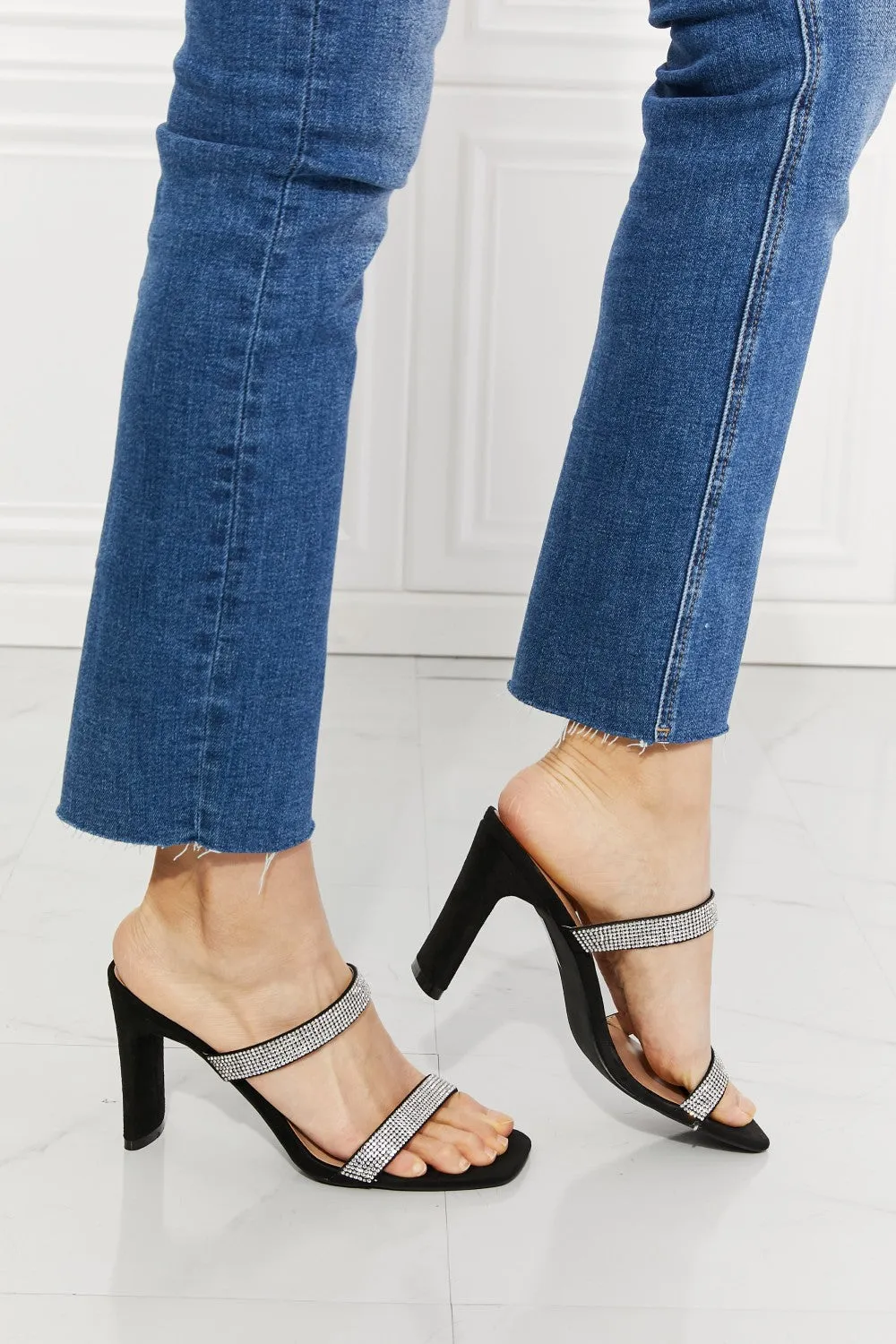 MMShoes Rhinestone Block High Heel Slide On Double Band Sandal in Black Leave A Little Sparkle