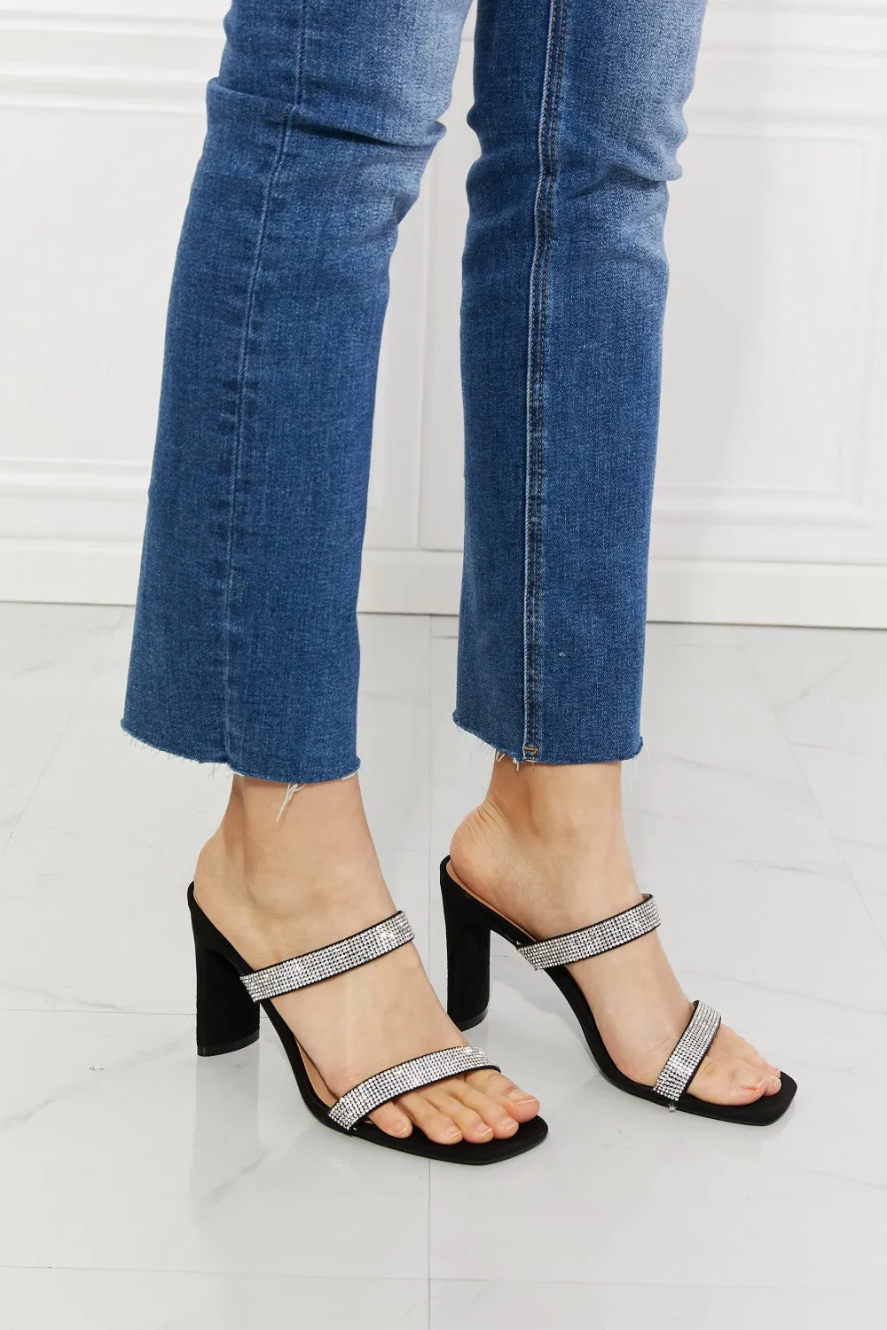 MMShoes Rhinestone Block High Heel Slide On Double Band Sandal in Black Leave A Little Sparkle