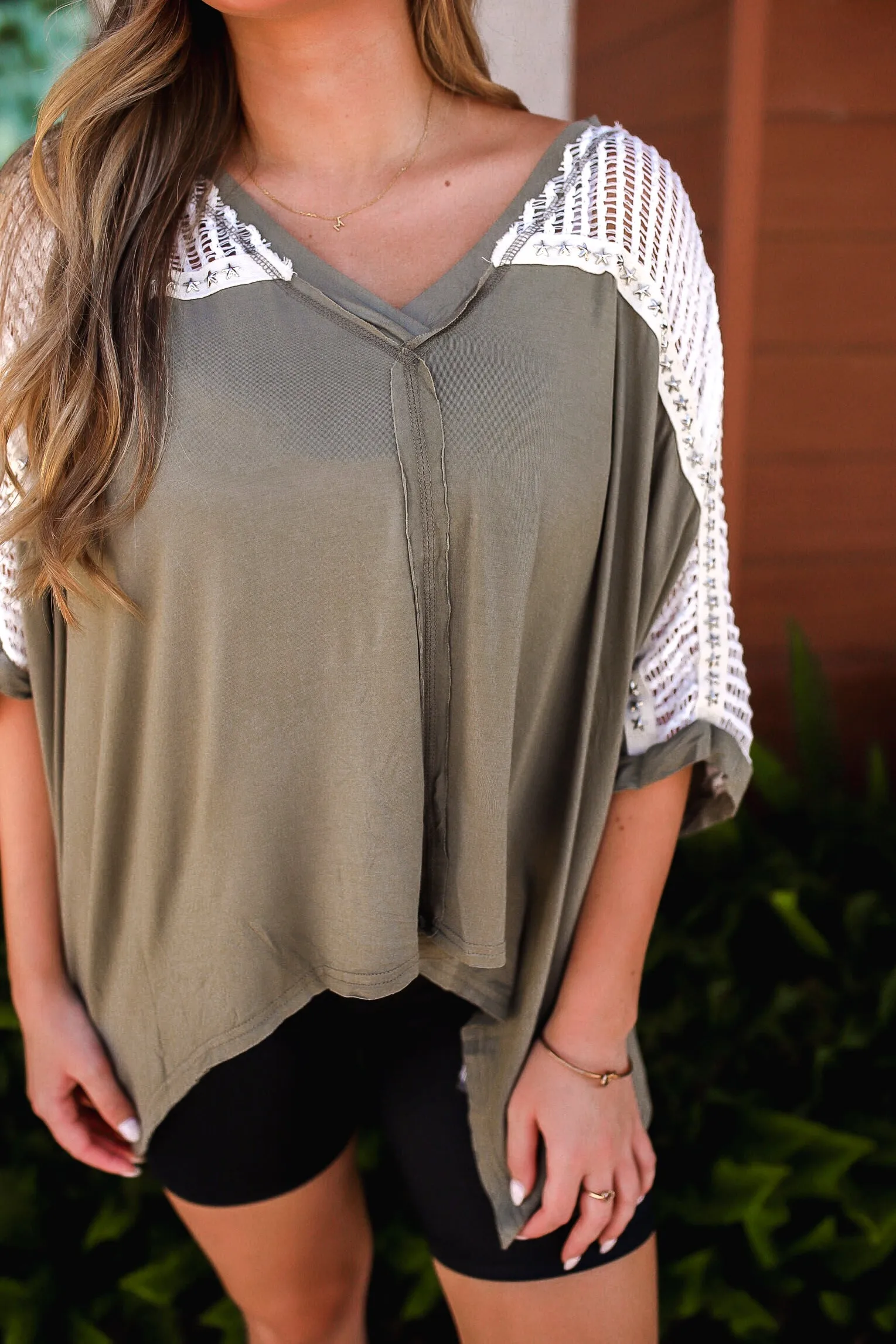 POL Oversize V-Neck Crochet Lace Studded Top -Olive