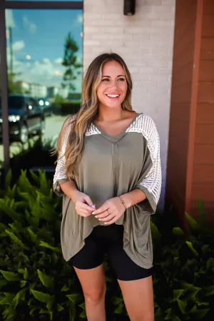 POL Oversize V-Neck Crochet Lace Studded Top -Olive