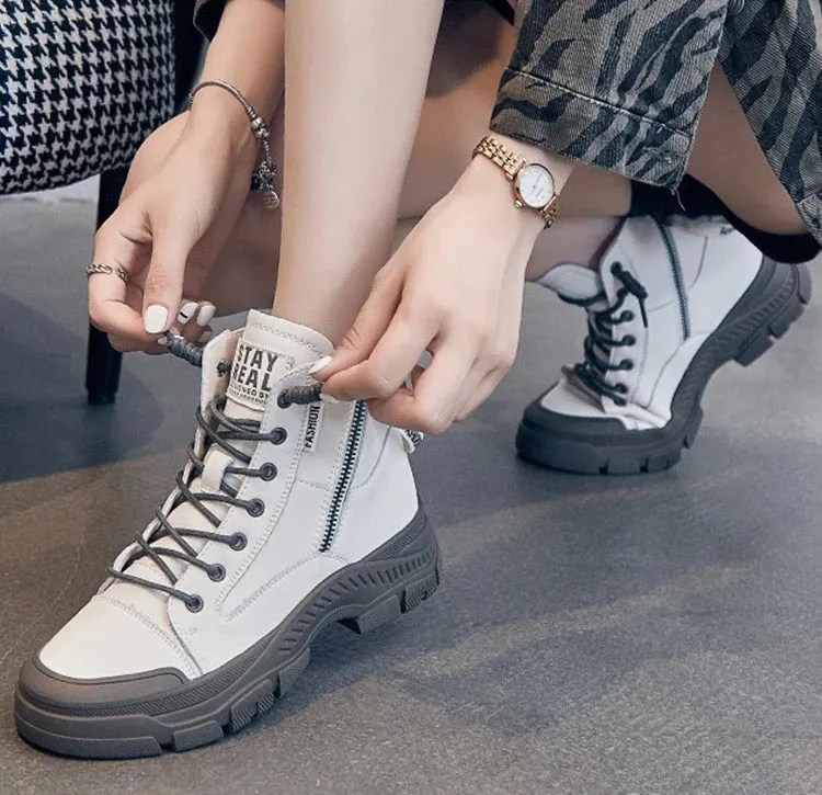RICY™ LEATHER LIGHTWEIGHT LACE-UP ZIPPER ANKLE BOOTS