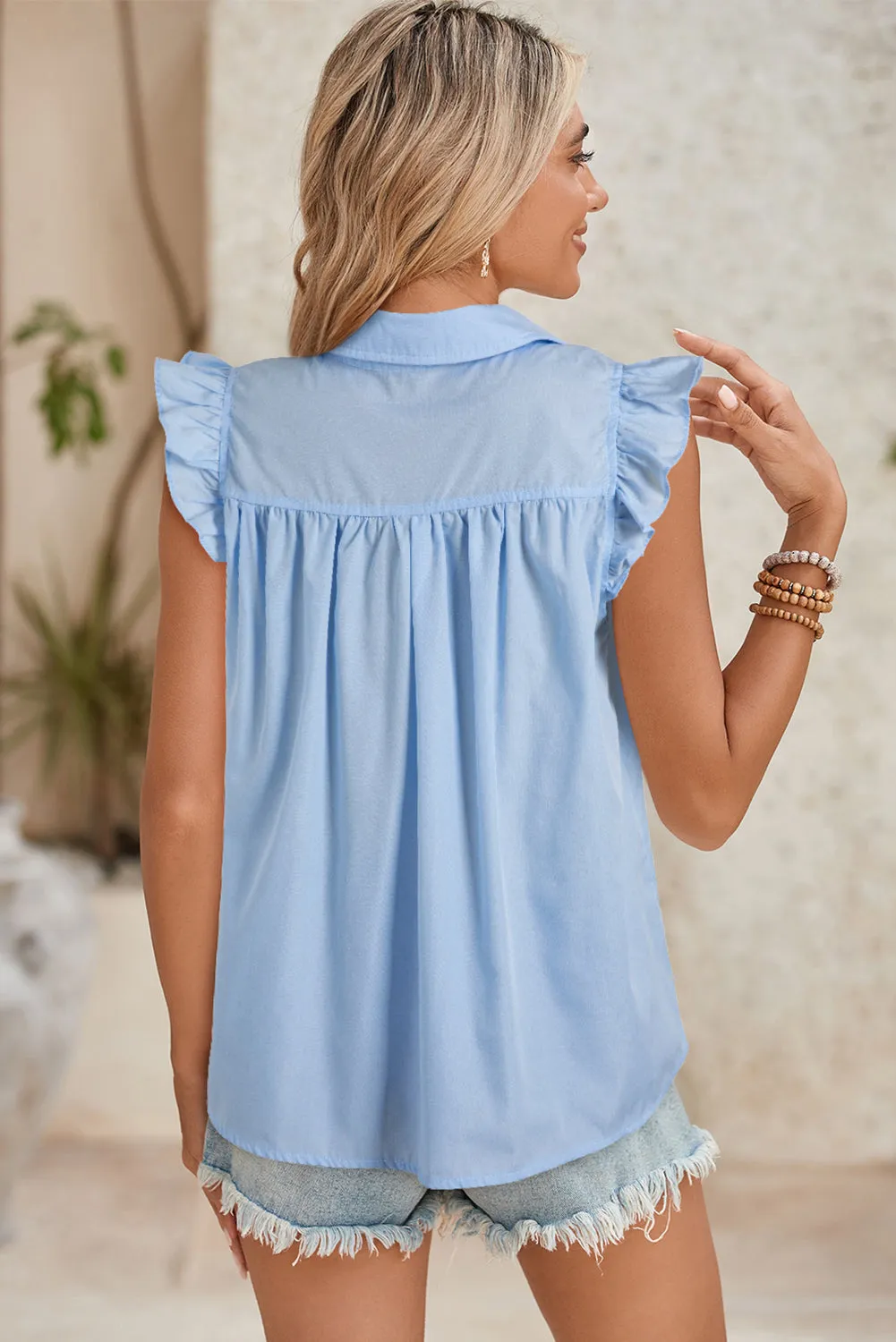 Sky Blue Ric Rac Trim Collared Pleated Ruffle Top