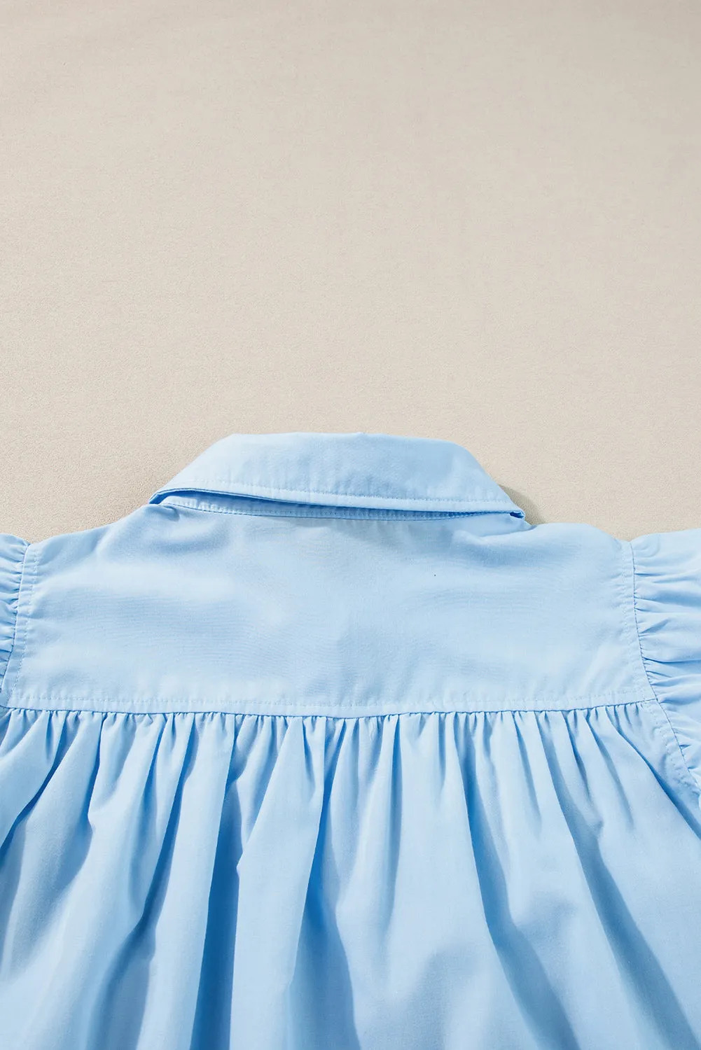 Sky Blue Ric Rac Trim Collared Pleated Ruffle Top