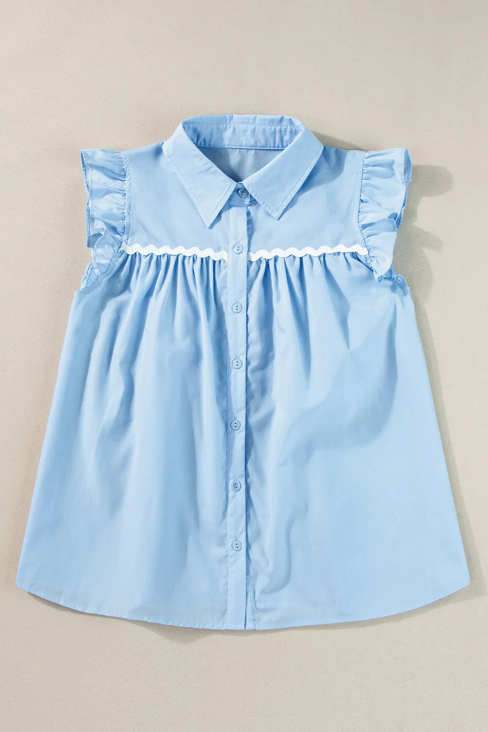 Sky Blue Ric Rac Trim Collared Pleated Ruffle Top