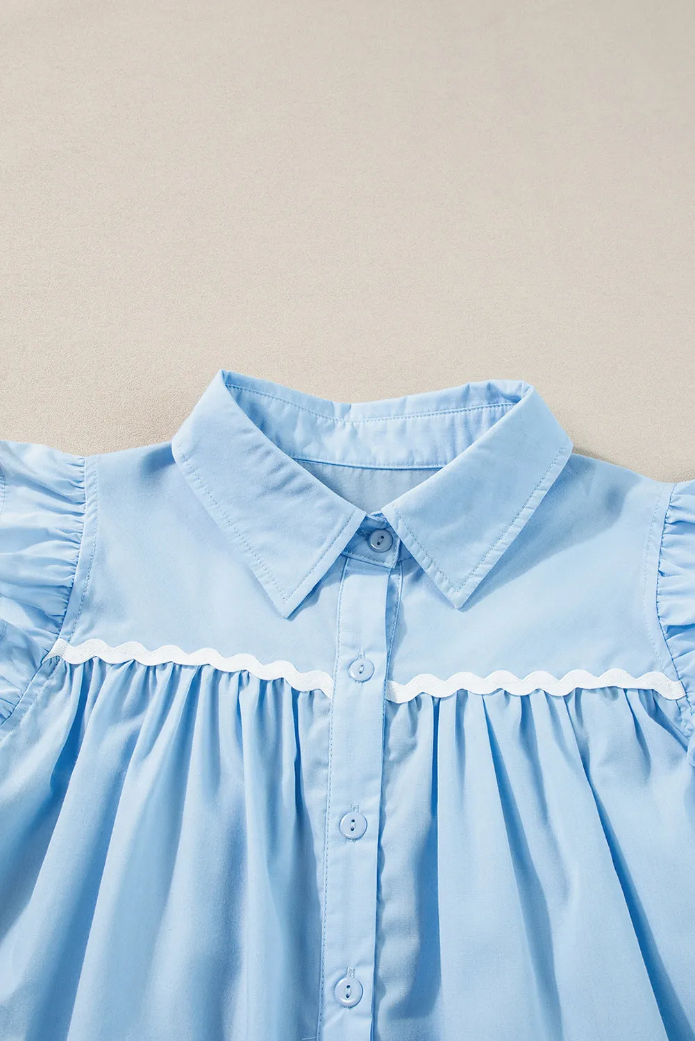 Sky Blue Ric Rac Trim Collared Pleated Ruffle Top