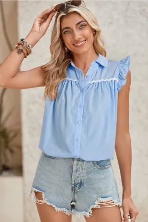 Sky Blue Ric Rac Trim Collared Pleated Ruffle Top