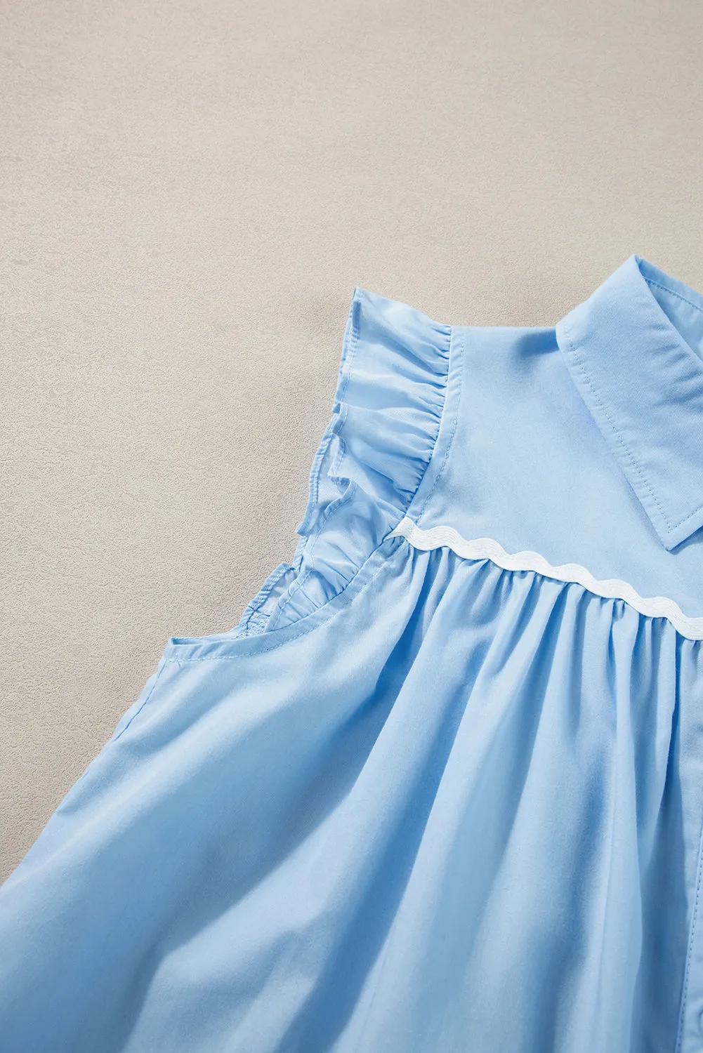 Sky Blue Ric Rac Trim Collared Pleated Ruffle Top