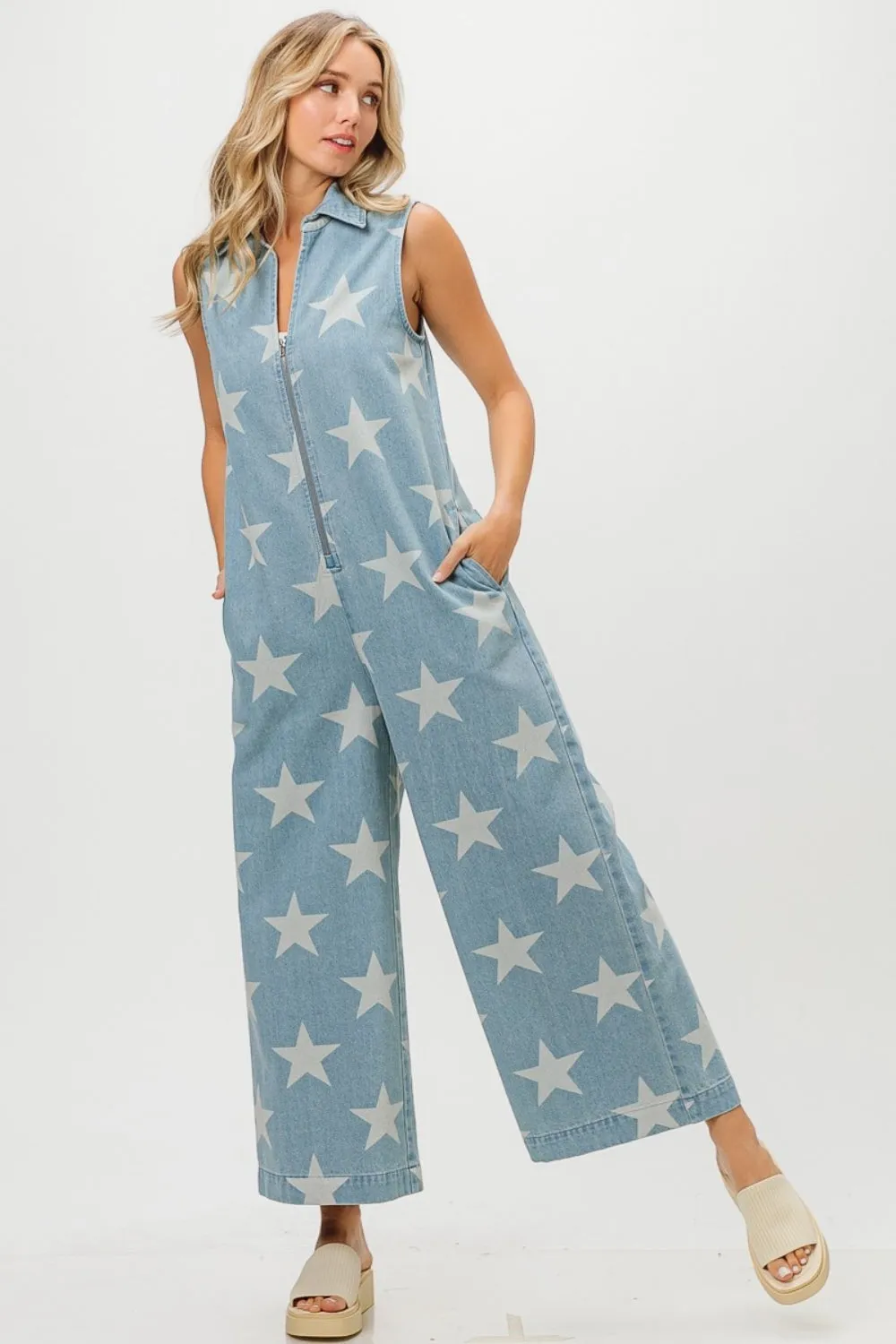 Star Print Sleeveless Denim Jumpsuit