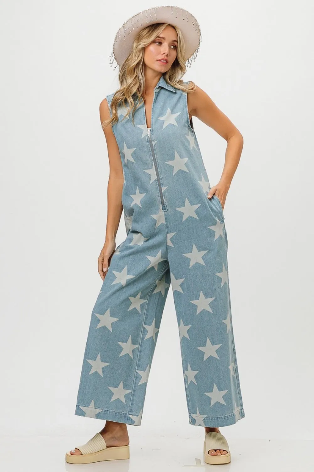 Star Print Sleeveless Denim Jumpsuit