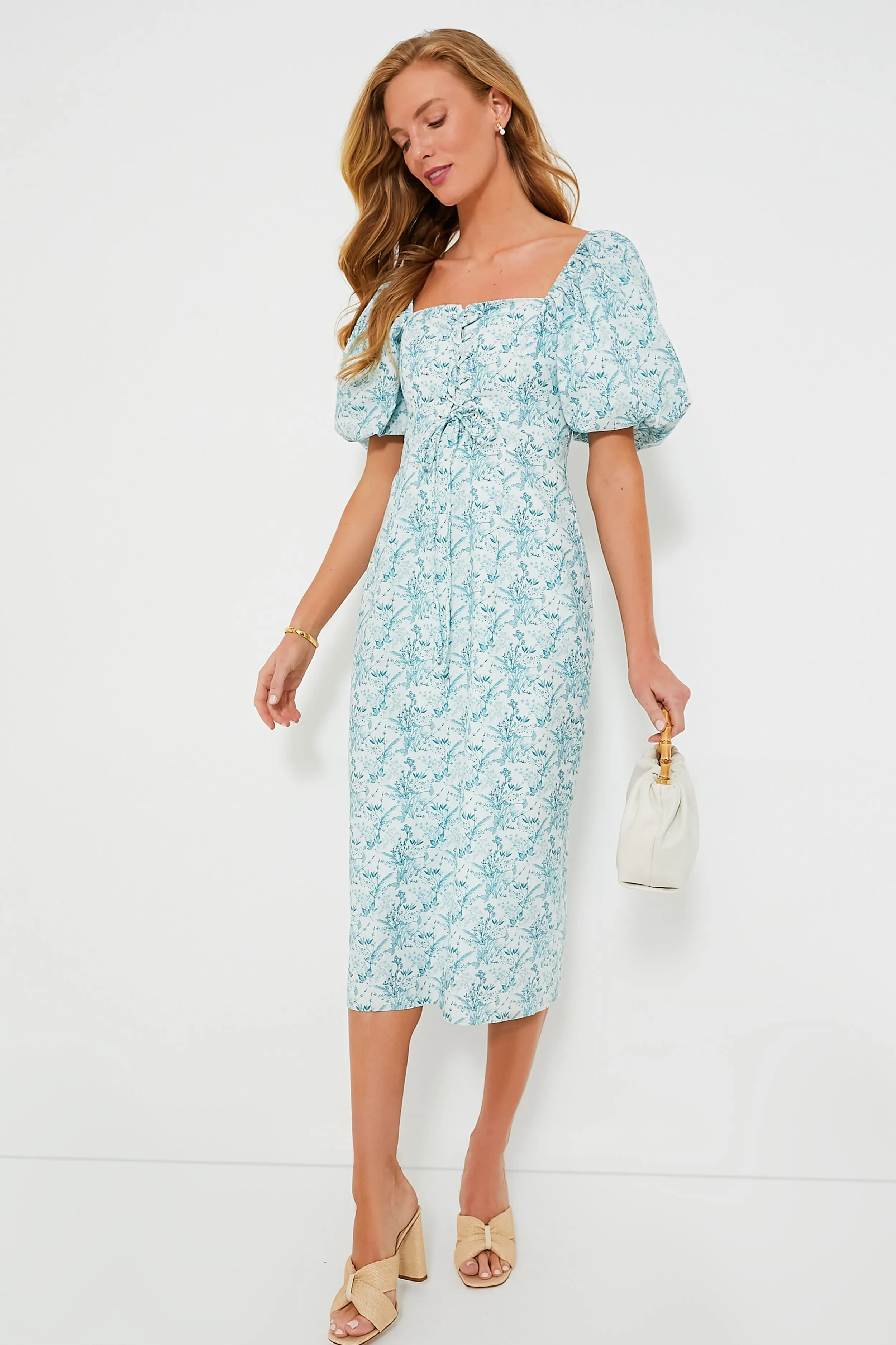 Teal Floral Lace-Up Lila Midi Dress