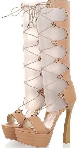 Thin High Heel Chunky Lace Up Women Cut Out Knee High Sandals Boots  Summer Long Open The Toe Cutout Boots