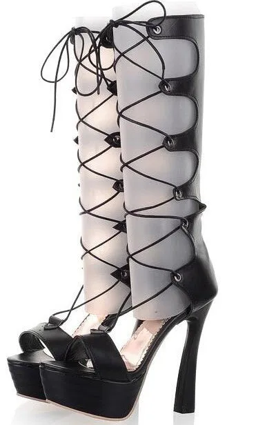 Thin High Heel Chunky Lace Up Women Cut Out Knee High Sandals Boots  Summer Long Open The Toe Cutout Boots