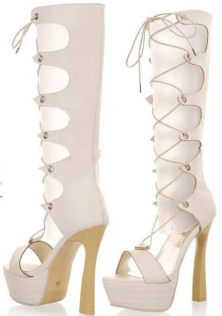 Thin High Heel Chunky Lace Up Women Cut Out Knee High Sandals Boots  Summer Long Open The Toe Cutout Boots