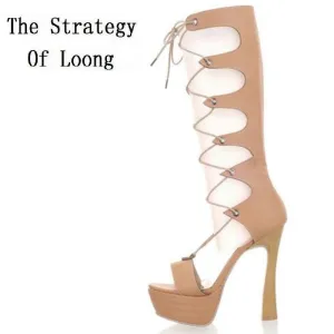 Thin High Heel Chunky Lace Up Women Cut Out Knee High Sandals Boots  Summer Long Open The Toe Cutout Boots