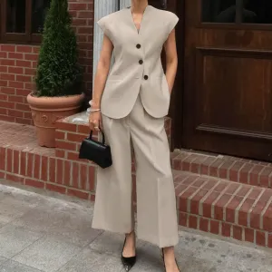 Trend4us Minimalist Sleeveless Blazer and Wide-Leg Trouser Set