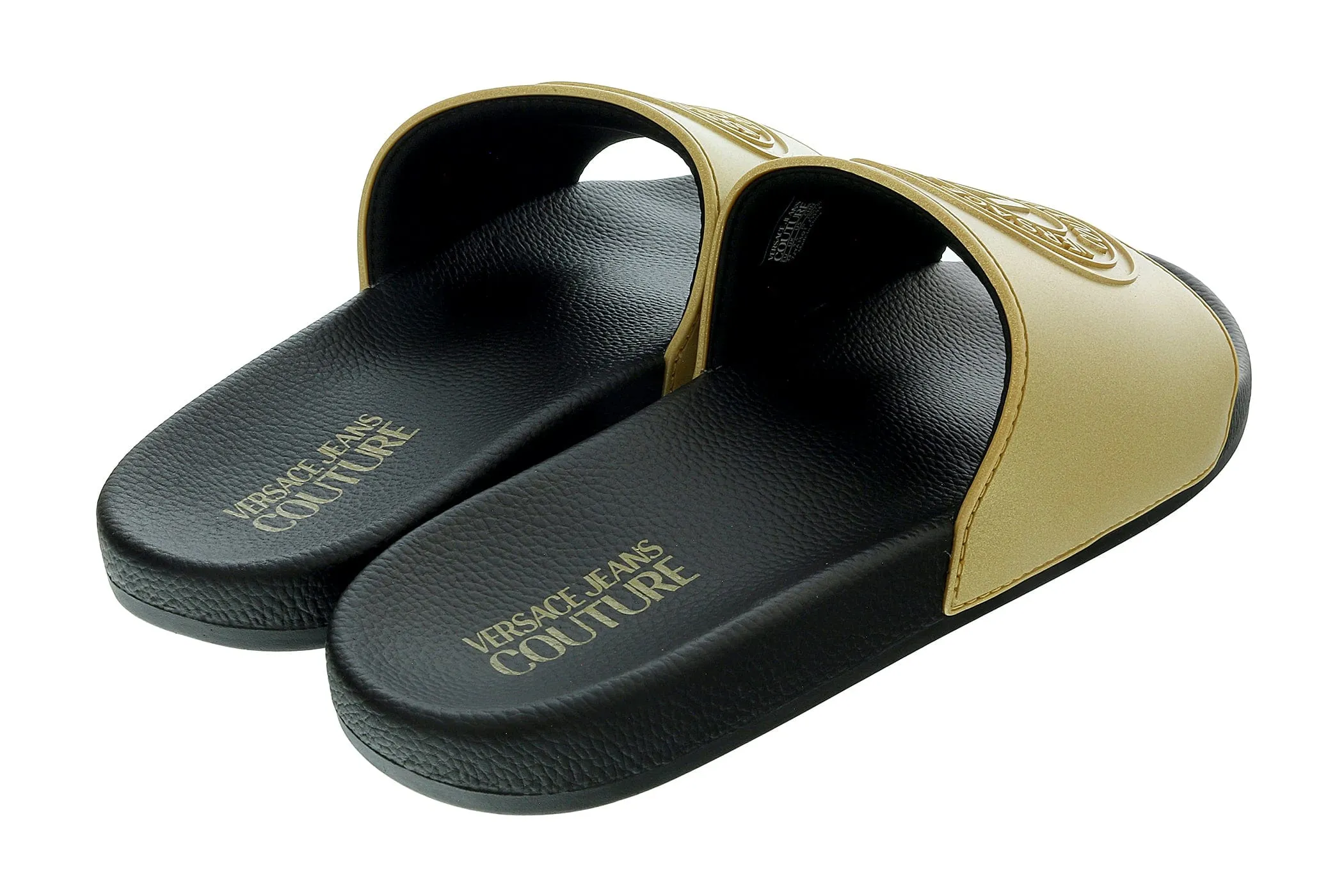 Versace Jeans Couture Gold Logo Print Wide Strap Slide-