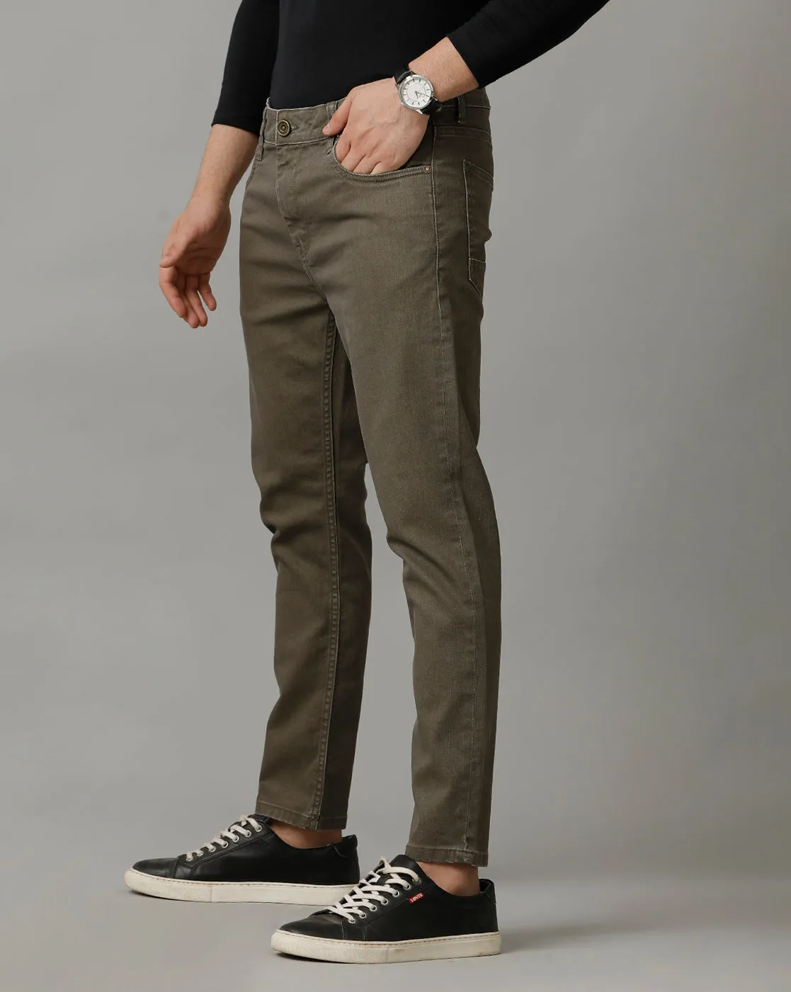 Voi Mens Olive Track Cropped Skinny Jeans