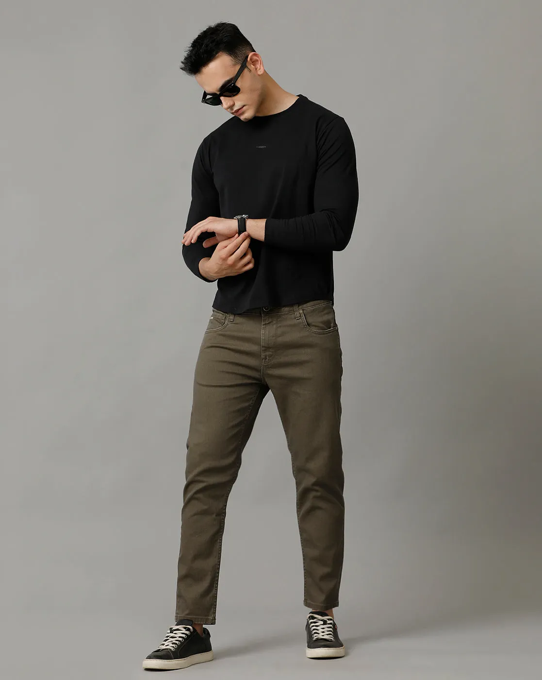 Voi Mens Olive Track Cropped Skinny Jeans