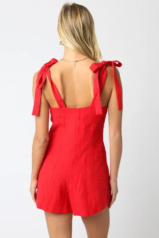 Waitlist 4/20 ♥ Miriam Sleeveless Shoulder Tie Button Down Linen Romper Red