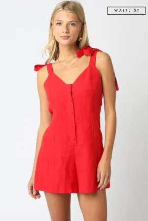 Waitlist 4/20 ♥ Miriam Sleeveless Shoulder Tie Button Down Linen Romper Red