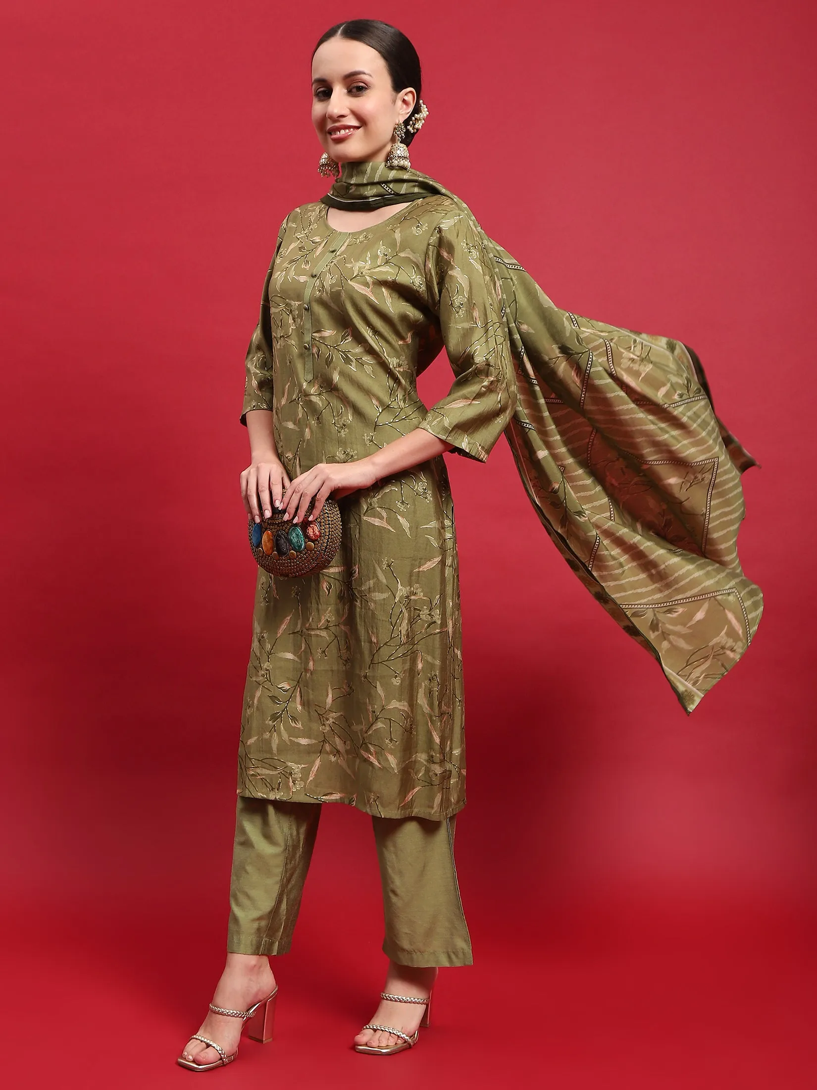 Women Muslin Green Floral Print Kurta Comfort Pant Dupatta