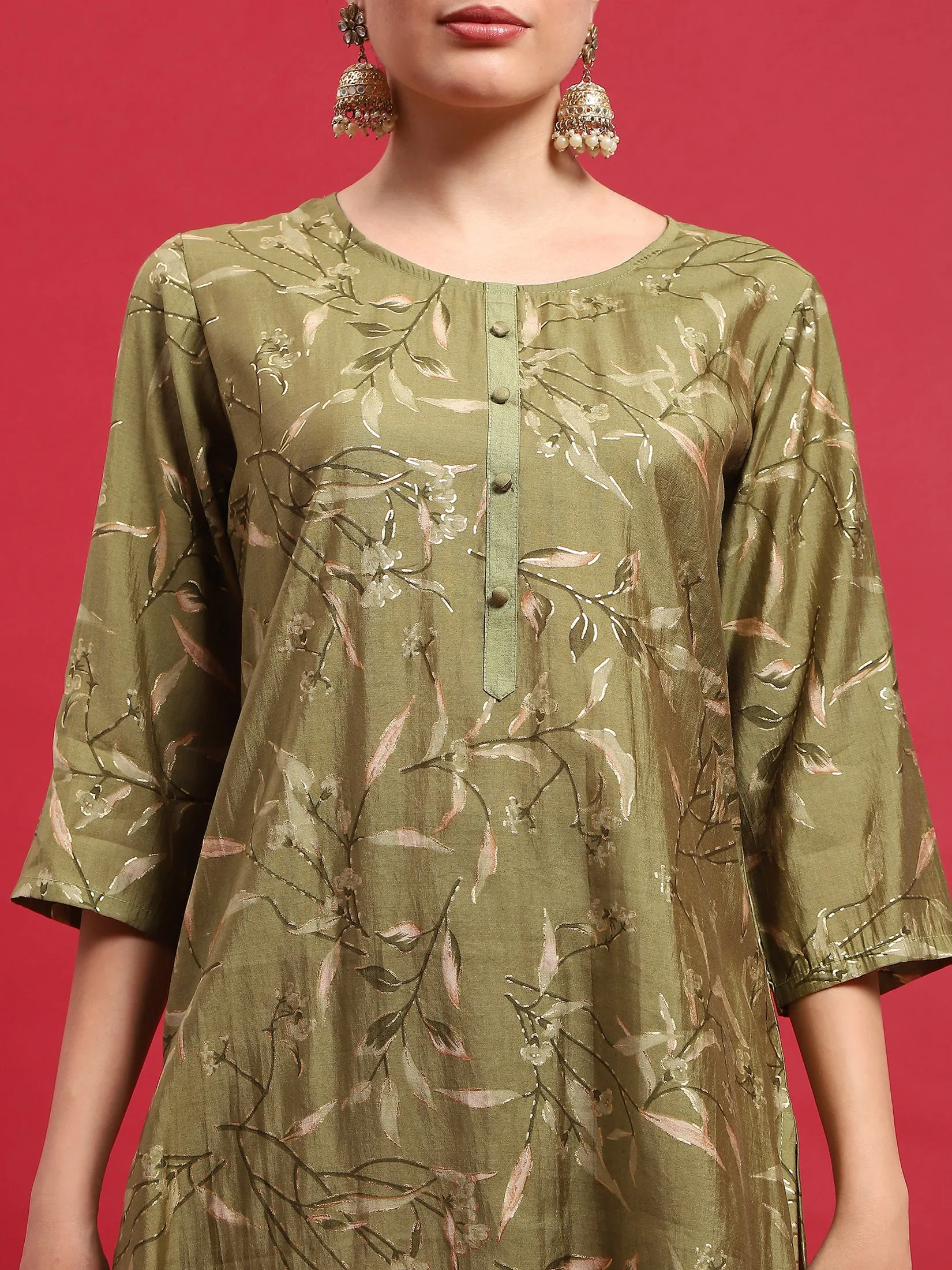 Women Muslin Green Floral Print Kurta Comfort Pant Dupatta