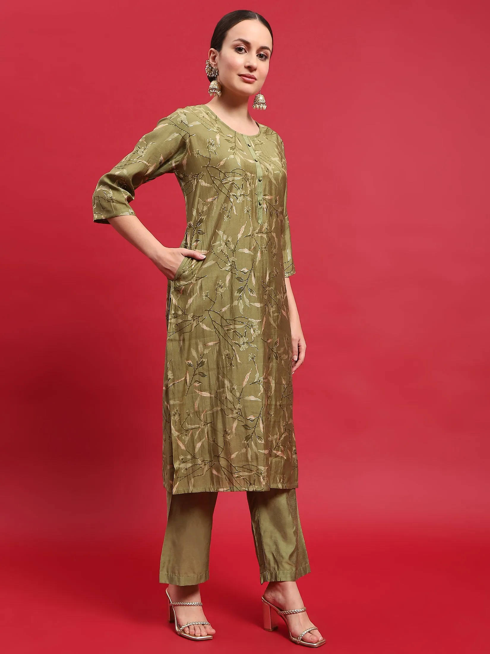 Women Muslin Green Floral Print Kurta Comfort Pant Dupatta