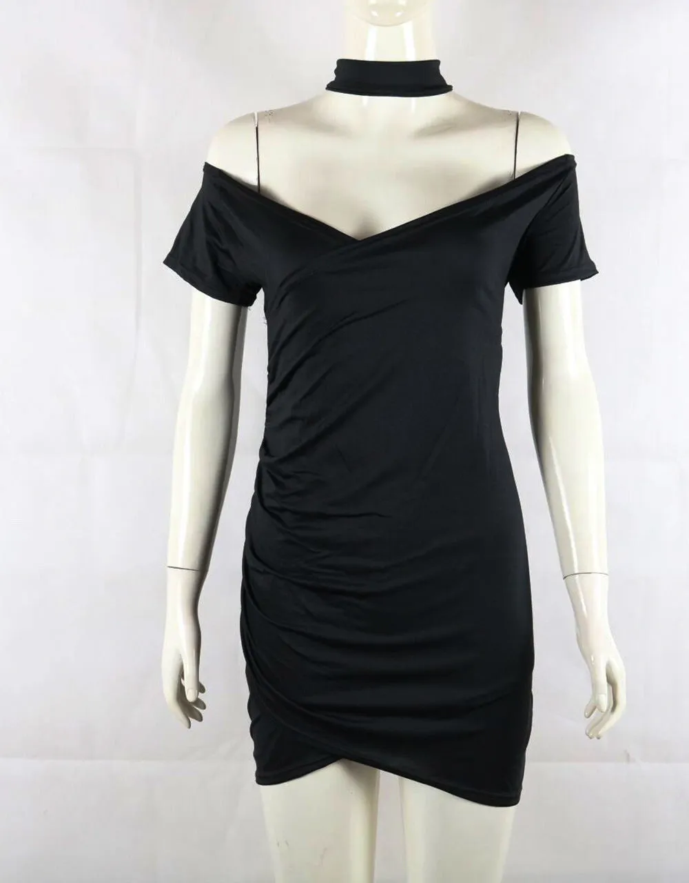 Women Off-Shoulder Irregular Bodycon Dress with Choker Neckline