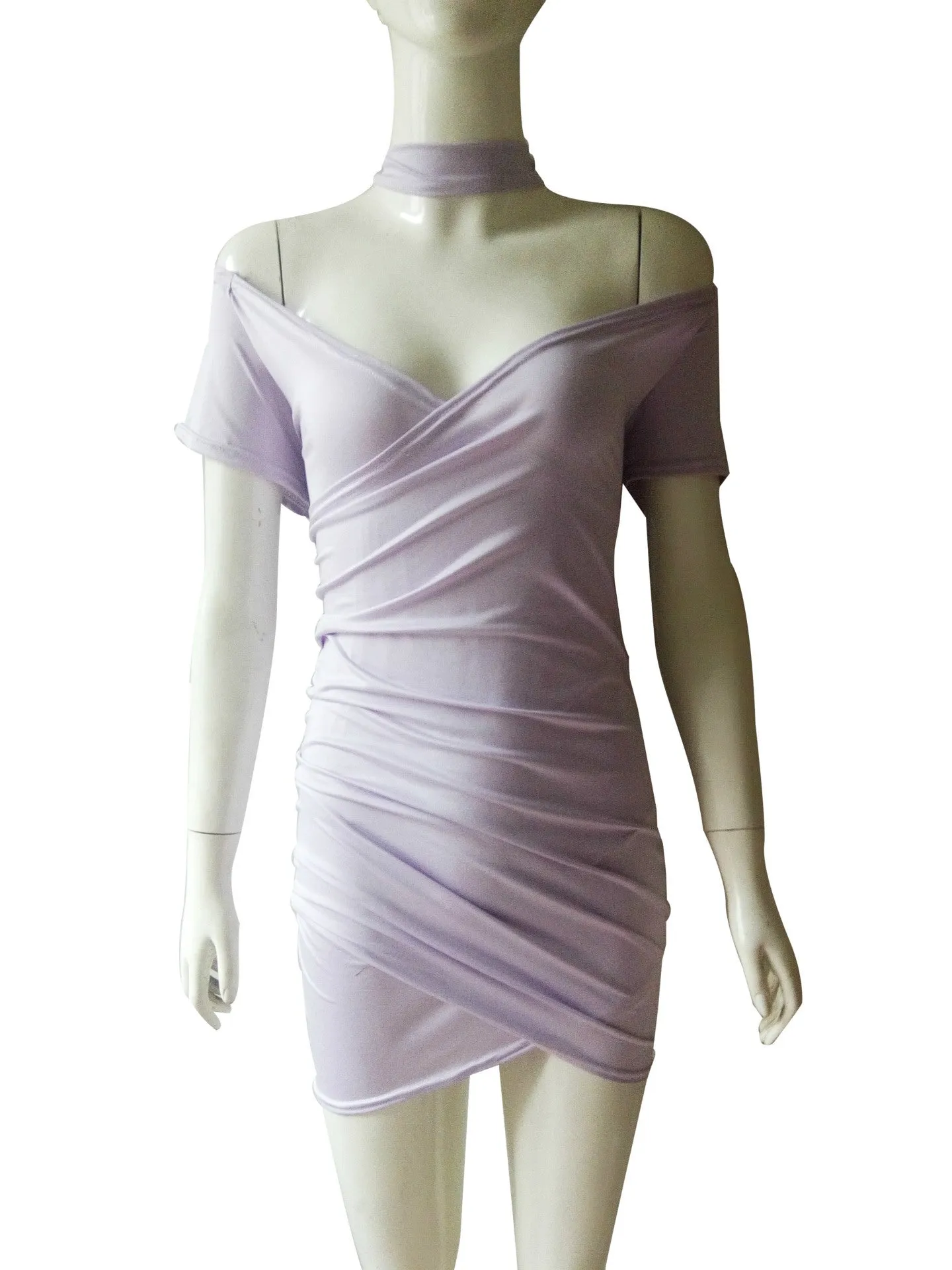 Women Off-Shoulder Irregular Bodycon Dress with Choker Neckline