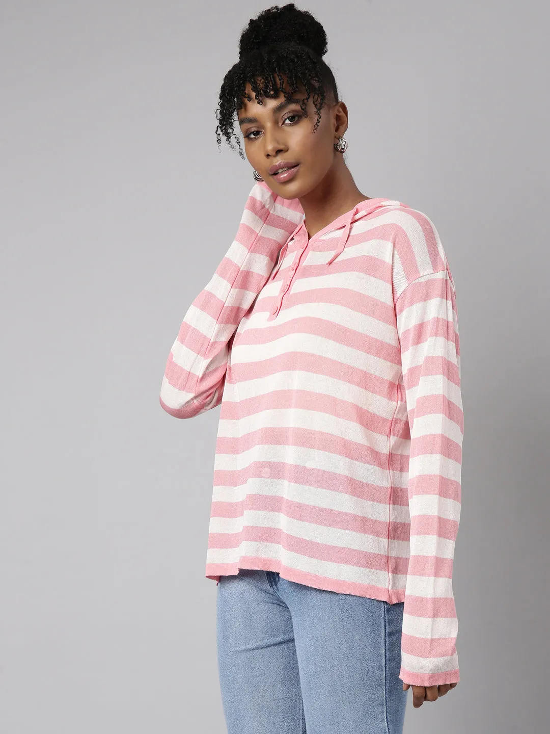 Women Peach Horizontal Stripes Boxy Top
