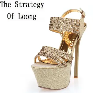 Women Thin High Heel  Open The Toe Ankle Wrap Rhinestone Summer Sandals Shoes Lady Peep Toe Crystal Shoes