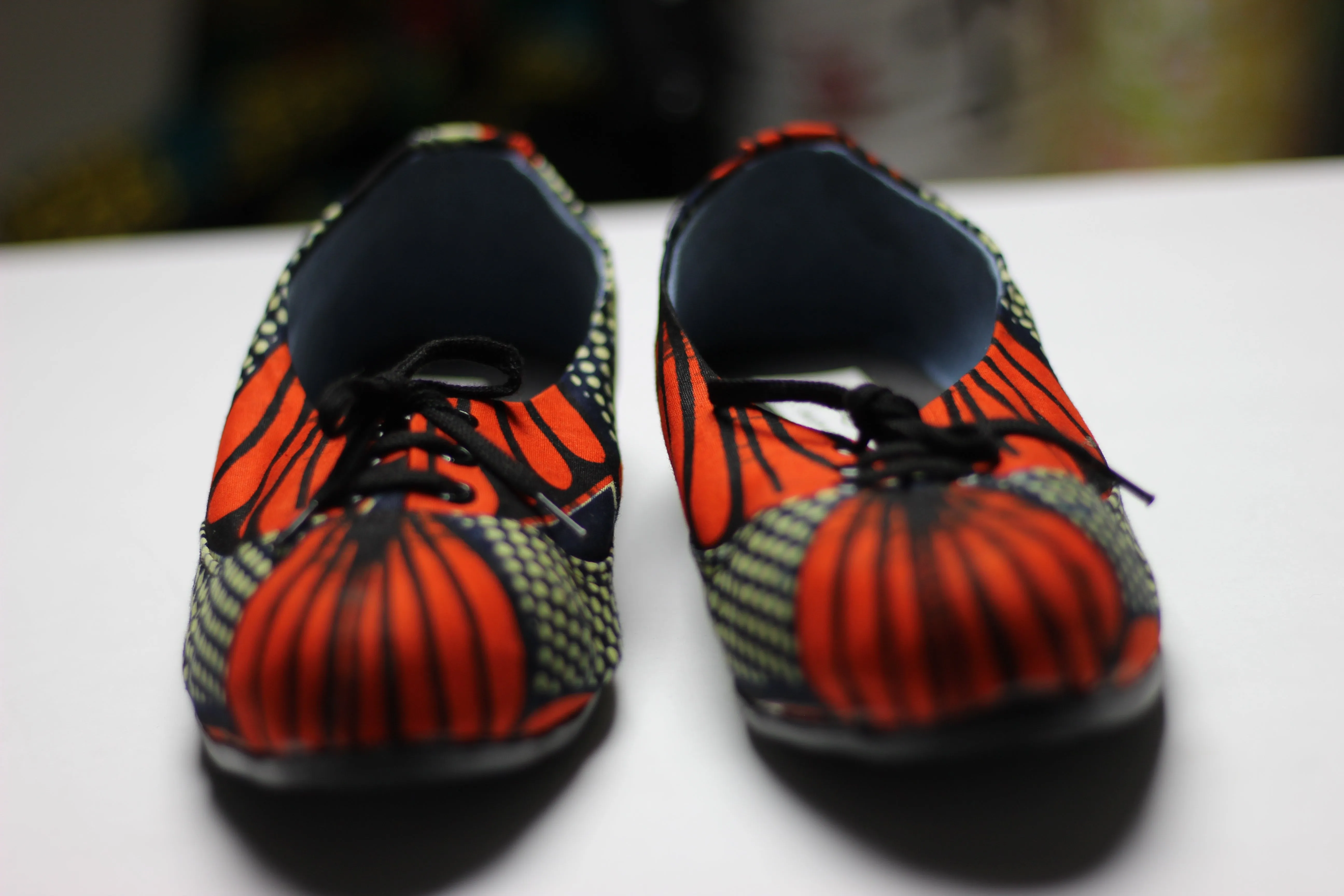 Women's African Print / Ankara Flat Shoes (with laces) -  Red and Navy Blue Floral Print