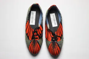 Women's African Print / Ankara Flat Shoes (with laces) -  Red and Navy Blue Floral Print