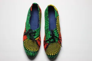 Women's African Print /Ankara Flat Shoes (with laces) - Yellow,Red and Green Floral Print.