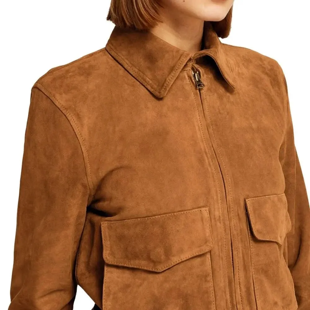 Womens Camel Lauren Brown Suede Bomber Jacket